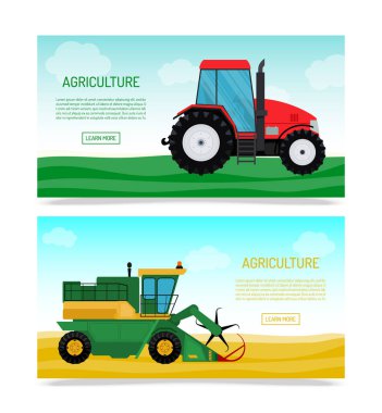 Tarım araçları ve çiftlik makineleri afiş vektör çizim ayarlayın. Traktör, biçerdöver, birleştirir. Tarım iş kavramı. Tarım makineleri, ürün hasat.