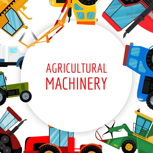 Landbouwvoertuigen en boerderij machines vector illustratie. Trekkers, oogstmachines, combineert. Landbouw bedrijfsconcept. Landbouw machines, gewas oogst spandoek, poster. — Stockvector