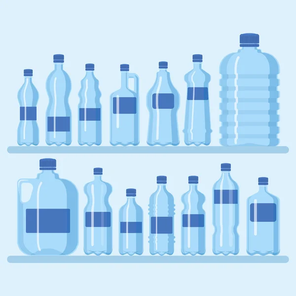 塑料瓶集合向量例证。不同尺寸的水和其他液体的卡通容器。货架上有蓝色的空瓶横幅、海报、小册子。干净的水. — 图库矢量图片