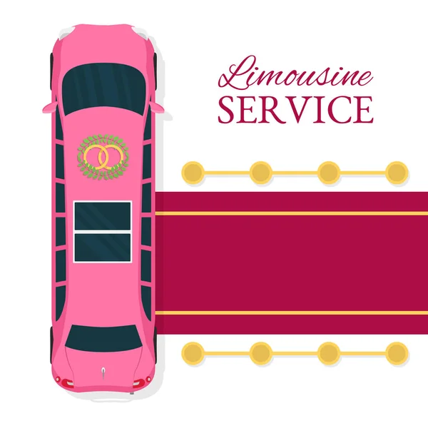 Limousinenservice Topview Vektor Illustration. Pinkfarbene Luxuslimousine mit rotem Teppich für Promis. Premium-Personenbeförderungskonzept. Transport für Braut und Besen. — Stockvektor