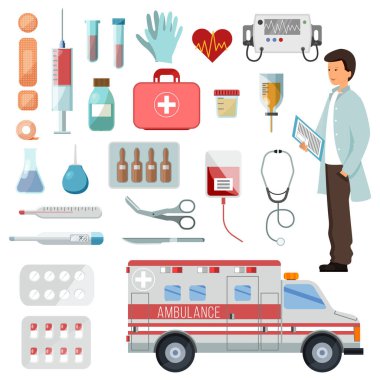 Konteyner illüstrasyon ilaç ilaç sanayii küme tıbbi tedavi sağlık işaretleri beyaz arka plan üzerinde izole hapları eczane vektör Doktor karakter ambulans araba ve tıp uyuşturucu