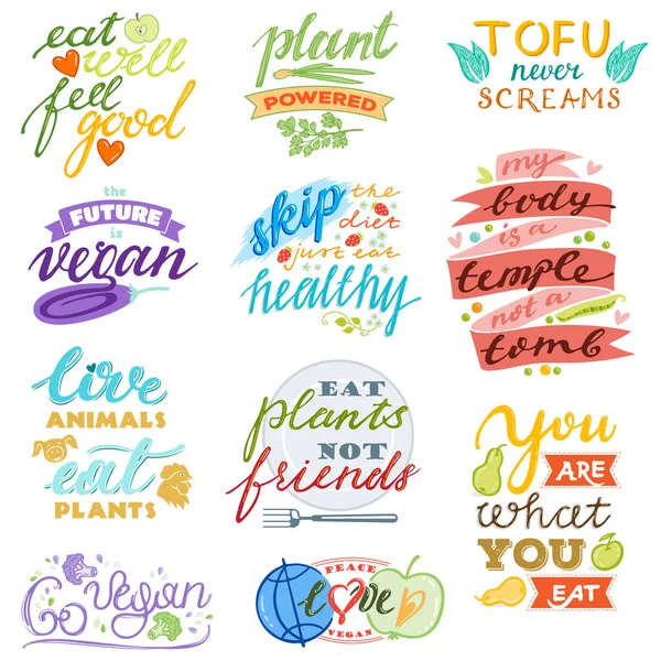 Vegan διάνυσμα υγιεινή χορτοφαγική διατροφή eco λαχανικών φρούτων γράμματα πινακίδα εικονογράφηση φρουτώδες χειρόγραφες λογότυπο δασωμένη σειρά οργανικών γεύμα που απομονώνονται σε λευκό φόντο — Διανυσματικό Αρχείο