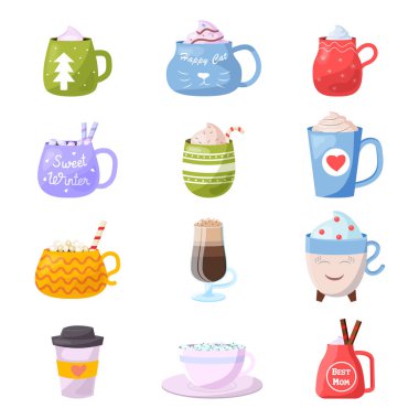 Kahvaltı ve çeşitli şekiller Noel mugful sabah İçecek beyaz arka plan üzerinde izole kedi çay fincanı içinde coffeecup illüstrasyon kümesinin kupalar sıcak kahve veya çay cupful karikatür Kupası vektör çocuklar