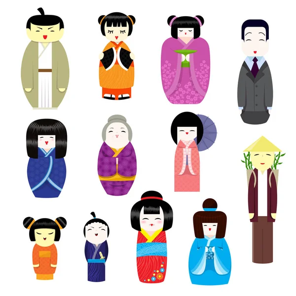 Japanska Kokeshi dockor vektor vacker flicka karaktär geisha kvinnliga traditionella kimono illustration uppsättning av affärsmannen leksak och gamla mannen kawaii isolerad på vit bakgrund — Stock vektor