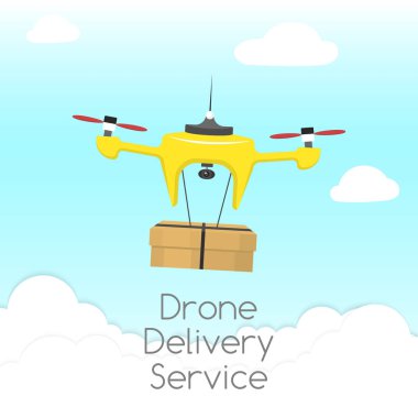 Dron teslimat hizmeti vektör çizim. Müşteriler ile bulutlar gökyüzü arka plan karşı dron deliverying paketi. Hızlı ve rahat ulaşım kavramı. Uçan quadcopter.