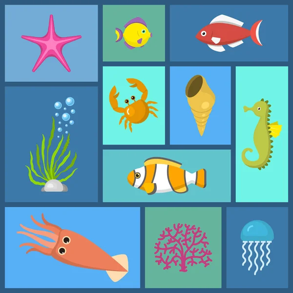 Marine plants and fish seamless pattern vector illustration. Fish swimming and seaweed in aquarium or sea. Underwater elements, sand and moss, jellyfish, sea horse and zebrafish cartoon.