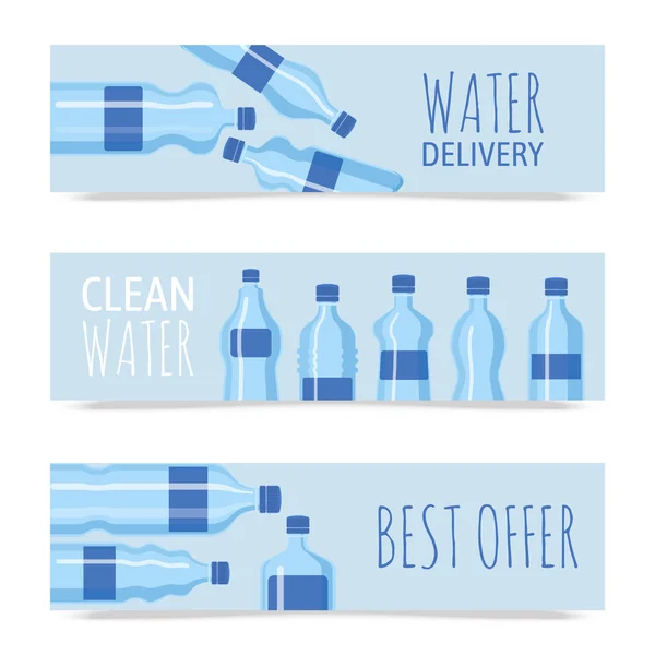 Illustrazione vettoriale bottiglia di plastica. Diverse dimensioni di contenitori per cartoni animati per acqua e altri liquidi. Flaconi blu vuoti set di banner poster brochure. Consegna dell'acqua pulita. Migliore offerta . — Vettoriale Stock