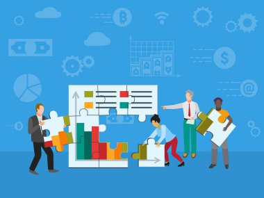 Takım çalışması ve işbirliği iş için. Modern çizgi film insanların karakterleri puzzle parçaları bir araya getirmek meslektaşları gülümseyen illüstrasyon vektör. Yaratıcı ekip oluşturma kavramı.