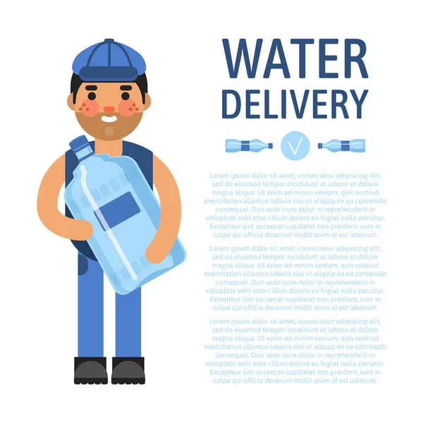 Wasser Lieferung Banner Vektor Illustration. Ein Mann in Uniform hält einen großen Behälter mit sauberem Wasser in der Hand. Wasser für die Kunden. guter Service. reines Wasser trinken. — Stockvektor