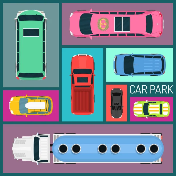 Cars of different size and color seamless pattern vector illustration. Car parking. Top view of parking zone with a variety of cars. Parking garage in flat style. Transportation. — Stock Vector