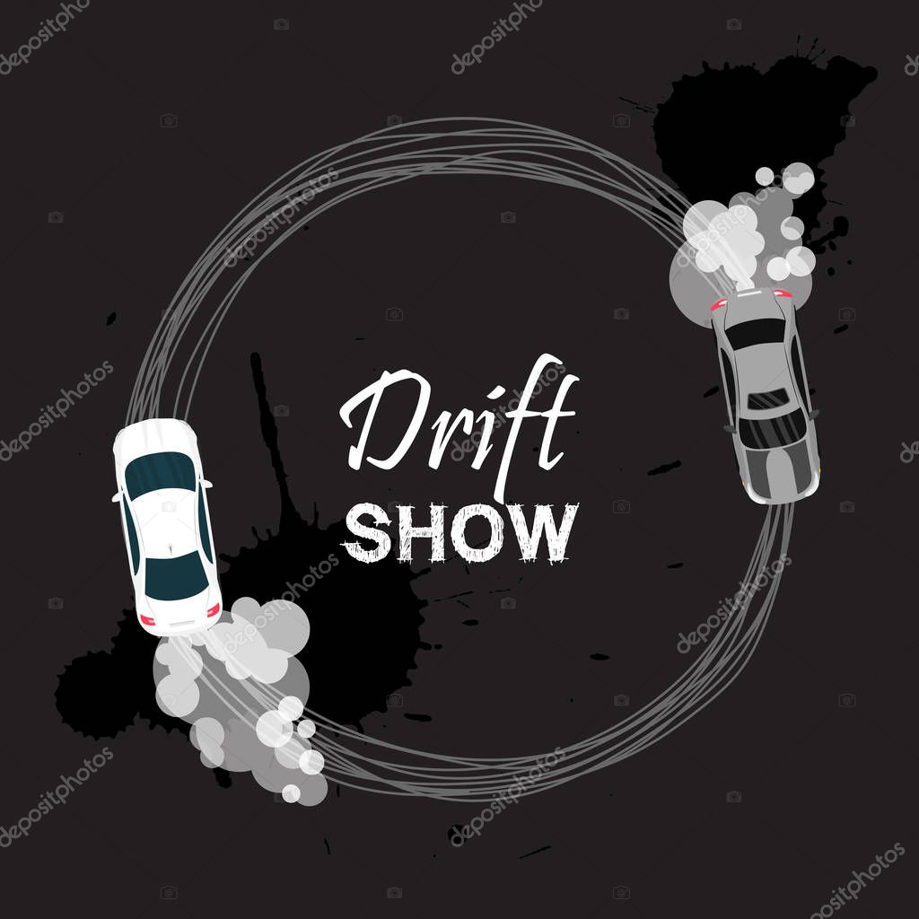 Car drift card vector illustration. Drift show banner, poster, brochure, flyer. Top view of a drifting vehicles. Competition between participants banner, poster. Street racing, racing team, tuning.