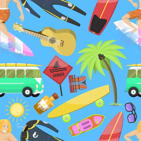 여름 아이콘 완벽 한 패턴입니다. 해변에 휴가입니다. 손바닥, 오리발, 남자, 다이빙 슈트, 선글라스, 썬 크림, 위험 표시, 기타, 서핑, 스케이트 보드. 여름 장비 및 도구. — 스톡 벡터