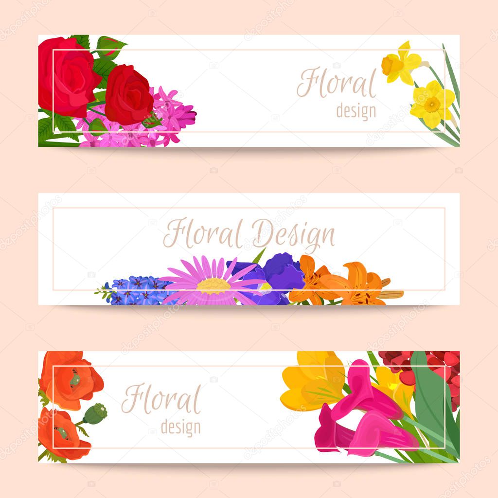 Floral set of banners for flower shops or invitation cards. Beautiful oriental floral pattern and delicate ornament vector illustration. Different flowers such as roses, daffodil.