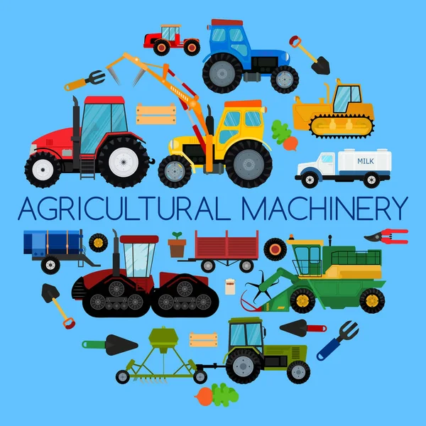 Landwirtschaftliche Fahrzeuge landwirtschaftliche Geräte, Maschinen Vektor Illustration. Traktoren, Erntemaschinen, Mähdrescher. landwirtschaftliches Geschäftskonzept. Landmaschinen, Erntebanner, Plakat. — Stockvektor