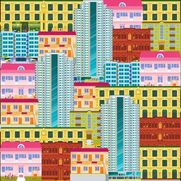 Paysage urbain motif sans couture. Cartoon hôtels et motels fond. Paysage du centre-ville avec de hauts gratte-ciel. Panorama papier peint architecture. Bâtiments hôteliers illustration vectorielle . — Image vectorielle