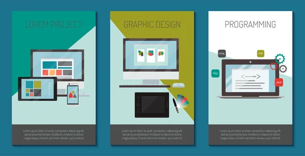 Conjunto de concepto de oficina de banners planos, ilustración de vectores de tarjetas. Proyecto Lorem. Diseño gráfico. Programación. Diferentes aparatos con sitios web. Ordenador de sobremesa, ordenador portátil, tableta, teléfono móvil . — Archivo Imágenes Vectoriales