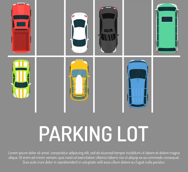 Ciudad aparcamiento vector ilustración. Vista superior de la zona de aparcamiento con una variedad de coches. Parking garaje con plazas libres en banner de estilo plano, póster. Estacionamientos para vehículos . — Vector de stock