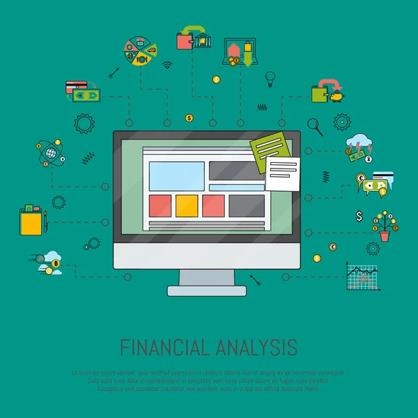 Financiële analyse banner vectorillustratie. Risicobeheer. Bedrijfsfinanciering. Corporate waardering. Fianncial modellering. Stock exchange. Discounted cash flow. Desktopcomputer. — Stockvector