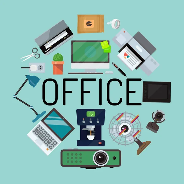 Office koncepció banner, plakát vektoros illusztráció. Szerkentyű és eszközök az irodai munkához. Asztali számítógép, laptop, tablet, nyomtató, kávéfőző, lámpa, projektor, szkenner, ventilátor, kaktusz. — Stock Vector