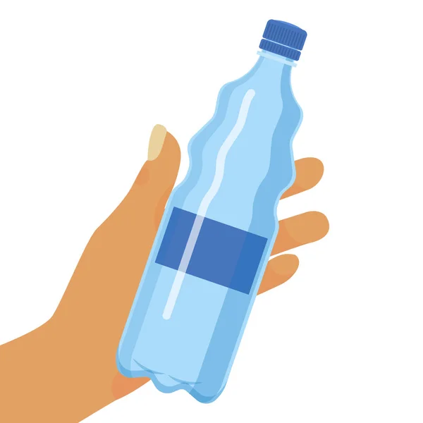 Agua botella fondo vector ilustración. Botella de plástico de mano con banner de agua pura, póster, folleto, volante. Contenedor para agua y otros líquidos. Agua potable . — Vector de stock