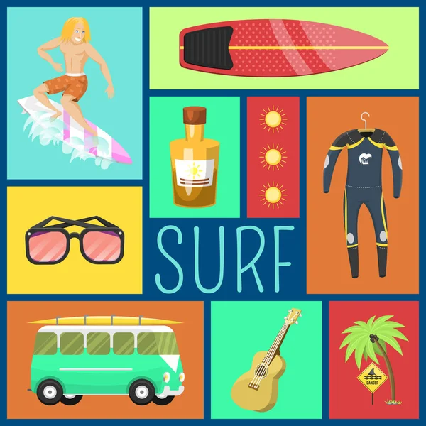 Kesäkuvakkeet saumaton kuvio. Loma meren rannalla. Kämmenet, räpylät, surffaaja, sukelluspuku, aurinkolasit, aurinkovoide, vaaramerkki, kitara, bussi. Kesälaitteet ja työkalut . — vektorikuva