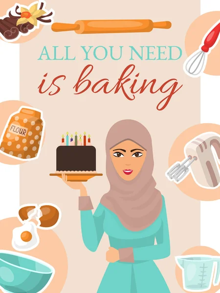 Baking concept poster, banner. Woman holding birthday cake with candles. Kitchen utensils and ingredients for baking. All you need is baking. Flour, egg, vanilla, bowl, mixer. — Stock Vector