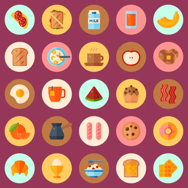 Ontbijt concept naadloze patroon vectorillustratie. Cartoon voedsel iconen van gebak, fruit, dranken. Ei, spek, worst, broodje, koffie, thee, cupcake, toast met kaas. — Stockvector