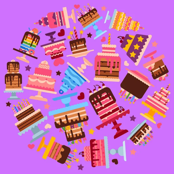 Cake shop rond motif rond vectoriel illustration. Desserts chocolatés et fruités pour pâtisserie sucrée avec cupcakes, gâteaux, pudding, biscuits, crème fouettée, glaçage et saupoudrer, bougies . — Image vectorielle