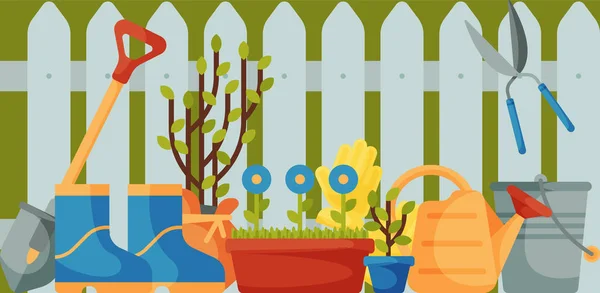 Garden staket med verktyg banner vektorillustration. Trädgårdsskötsel utrustning såsom spackel, gaffel hoe, stövlar, handskar, spade och spade, vattenkanna, sekatörer. Trädplantor. — Stock vektor