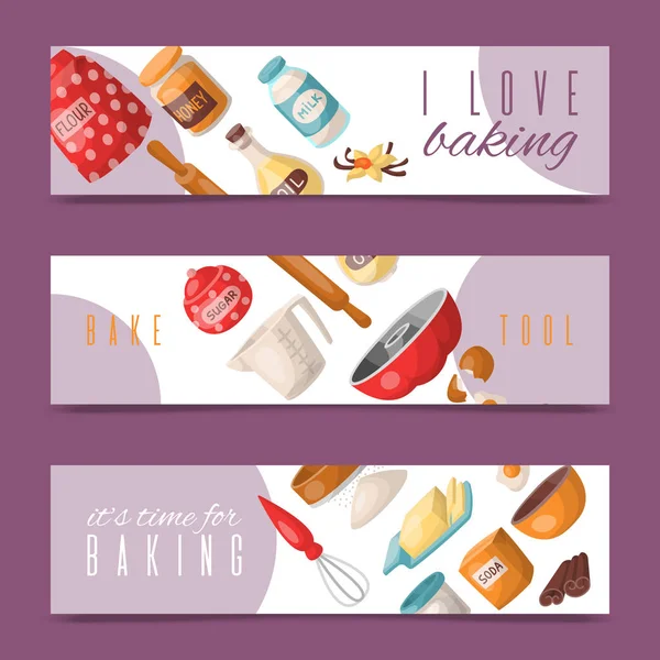 Bakken tools set van banners vectorillustratie. Ik hou van bakken. Het s tijd voor het bakken. Keukengerei. Ingrediënten suiker, vanille, meel, olie, boter, baking soda, eieren bakken. — Stockvector