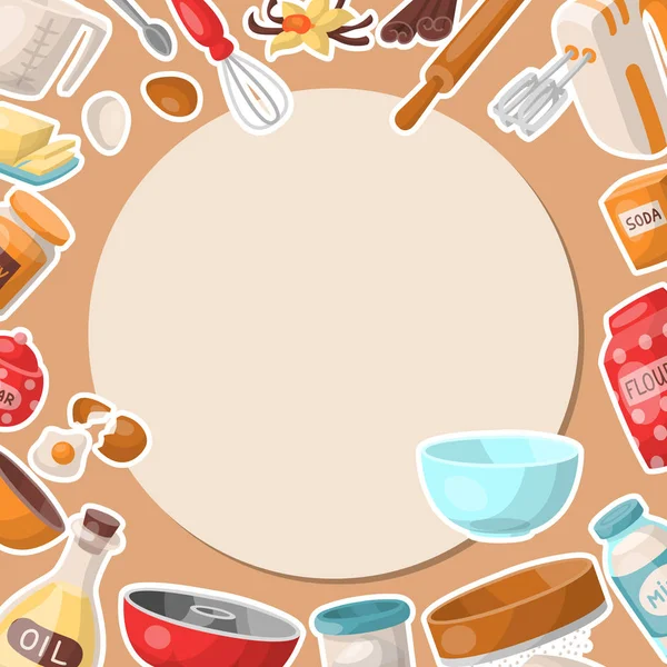 Baking cartoon tools round pattern. Kitchen utensils. Baking ingredients set sugar, vanilla, flour, oil, butter, baking soda, baking powder, honey, eggs. Cooking vector illustration. — Stock Vector