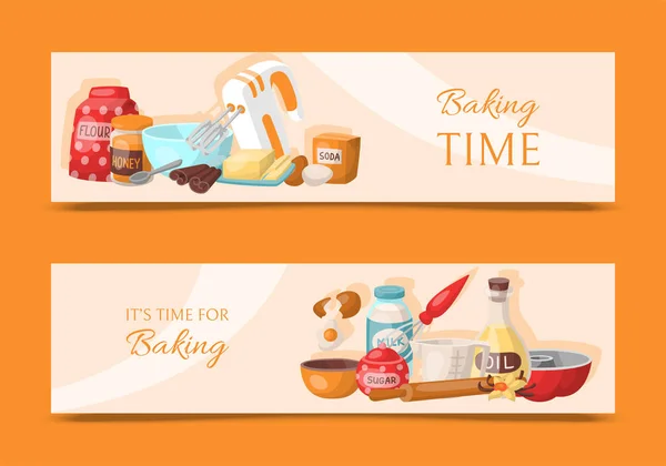 Baking time set of banners. Kitchen utensils. Baking ingredients set sugar, vanilla, flour, oil, butter, baking soda, baking powder, honey, eggs. Cooking vector illustration. — Stock Vector