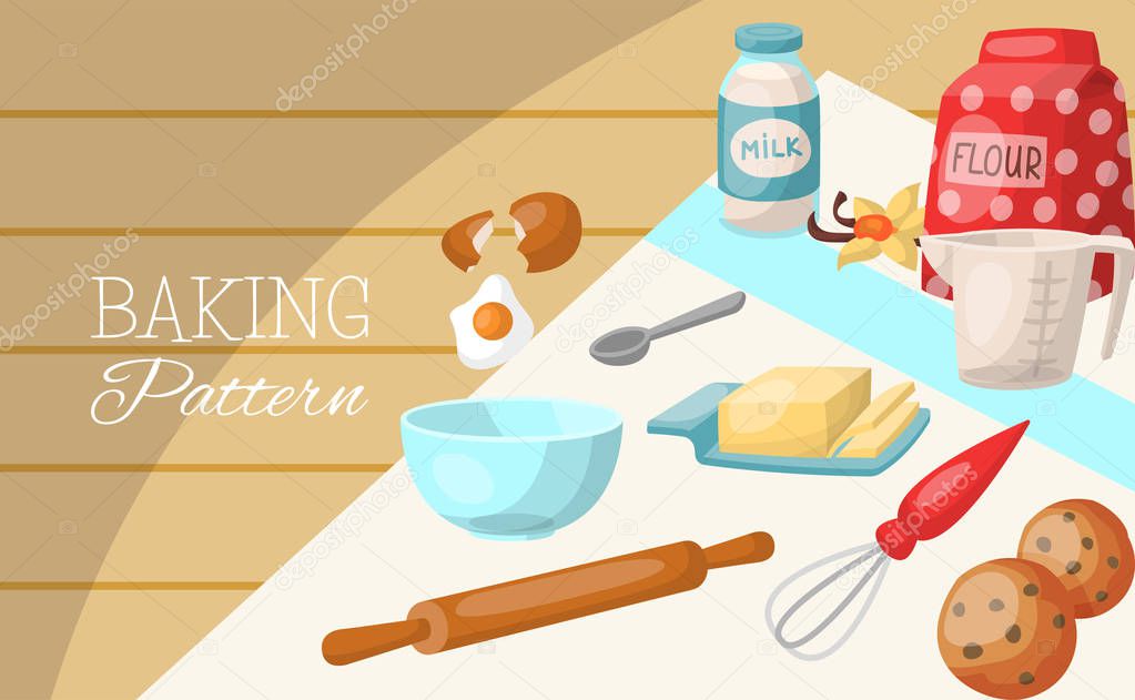 Baking cartoon tools and food seamless pattern. Kitchen utensils. Cooking vector illustration. Baking ingredients. Vanilla, flour, butter, milk, eggs, baking powder. Bowl, teaspoon.
