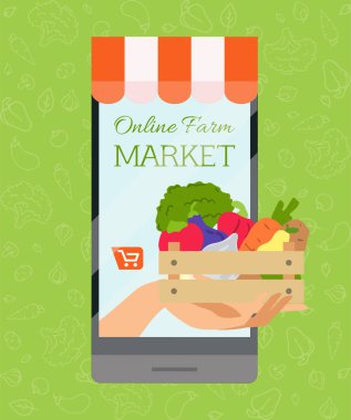 Online çiftlik piyasa afiş, poster vektör çizim. Mobil sayfa tasarım şablonu çiftlik taze gıda, online yemek sipariş, organik sebze, e-ticaret için. Web sitesi için kavramlar.