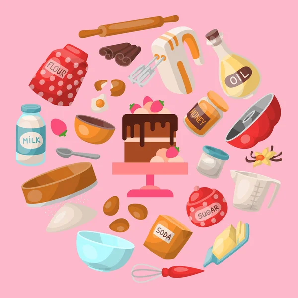 Bagning tegneserie værktøjer og mad sømløse mønster. Køkkenredskaber. Bagning ingredienser sukker, vanilje, mel, olie, smør, bagepulver, kage, æg. Illustration af kogevektor . – Stock-vektor