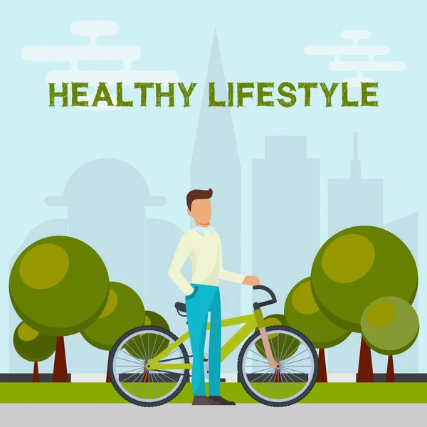 Estilo de vida saludable concepto banner vector ilustración. Hombre de pie cerca de la bicicleta en el parque en el fondo de la ciudad. Árboles verdes en el centro de la ciudad. Los ejercicios deportivos son buenos para la salud . — Vector de stock