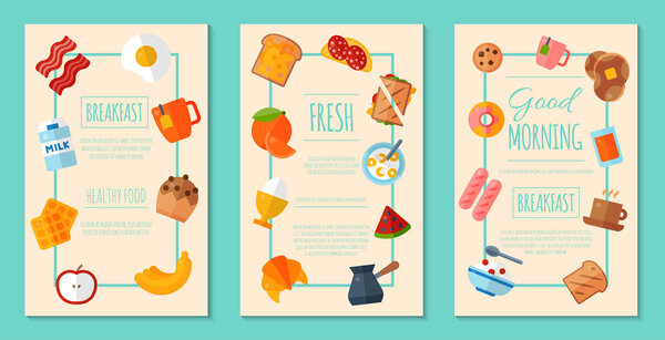 Концепция свежего завтрака с векторной иллюстрацией плакатов или баннеров. Здоровый день начала. Ем по утрам. - Доброе утро. Фруктовый завтрак. Тост и яйцо. Кофе, каша, фрукты, молоко
.