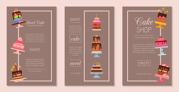 Taart set kaarten vectorillustratie. Chocolade en fruitige desserts voor zoete cake shop met cupcakes, taarten, pudding, koekjes, slagroom, glazuur en hagelslag, kaarsen. — Stockvector