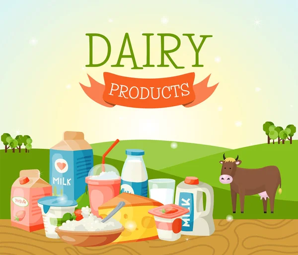 Färska mjölkprodukter konceptet banderoll, affisch vektorillustration. Ekologisk, kvalitetsmat. Stor smak och näringsvärde. Mjölk, ost, yoghurt, keso, creme fraiche, smör. — Stock vektor