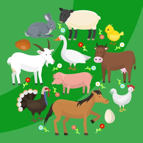 Set of farm domestic animals round pattern vector illustration. Collection of cute pet animal. Cartoon cow and horse, pig and goose, rabbit, hen, turkey, chick, goat, sheep.