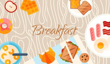 Kahvaltı brunch afiş kavramı vektör çizim. Sağlıklı başlangıç gününü. Sabah yemek. Elma, sandviç tost, kruvasan ve pastırma sosis kızarmış yumurta ile gıda toplama.