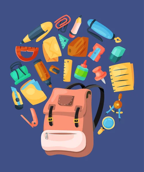 Rucksackposter, Banner. Kinder Schulrucksack mit Bildungsausrüstung Vektor Illustration. Schulbedarf, buntes Bürozubehör. Stift, Bleistift, Umschlag, Schreibwaren, Radiergummi, Lineal. — Stockvektor