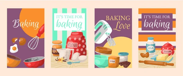 Het bakken van tijd, liefde set van banners. Keukengerei. Bakken ingrediënten instellen suiker, vanille, meel, olie, boter, zuiveringszout, bakpoeder, honing, eieren. Koken vectorillustratie. — Stockvector