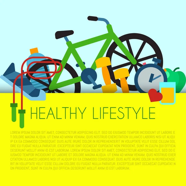 Konsep gaya hidup sehat banner vector ilustrasi. Poster dengan peralatan olahraga dan makanan sehat. Diet dan olahraga. Ide kegiatan sehari-hari seperti kebugaran, bersepeda, berlari . - Stok Vektor