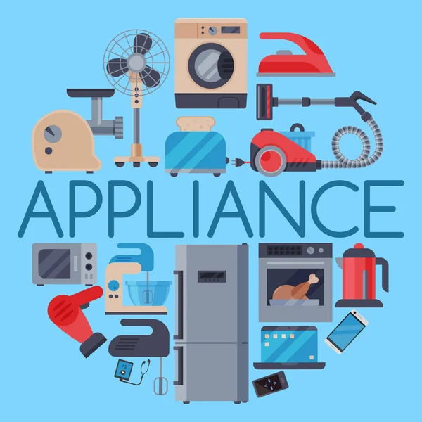 Appareils électroménagers motif rond illustration vectorielle. Ensemble de techniques de cuisine ménagère Four à micro-ondes, lave-vaisselle, aspirateur, réfrigérateur, lave-linge, bouilloire, broyeur . — Image vectorielle