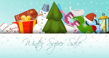 Kış süper satış afiş vektör çizim. Doğa manzara ile Noel ağacı, kardan adam, kızak, snowboard, şapka atkı earmuffsear. Yeni Yılınız Kutlu Olsun. Kış tatil günleri ve hafta sonları.