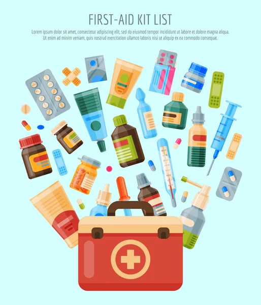 Kit de primeiros socorros lista banner, ilustração do vetor de cartaz. Medicina, farmácia, conjunto hospitalar de medicamentos com rótulos. Medicação, conceito farmacêutico. Pílulas e garrafas médicas. Lista de medicamentos . —  Vetores de Stock