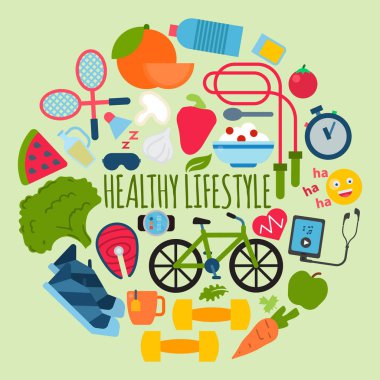 Sağlıklı yaşam konsepti desen vektör çizim yuvarlak. Spor malzemeleri ve sağlıklı gıda ile bir poster. Diyet ve spor. Fikir fitness, Bisiklete binme, koşma gibi günlük etkinlikler.