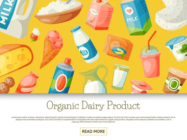 Dairy products or milk set vector illustration. Fresh, quality, organic food seamless pattern. Great taste and nutritional value. Milk, cheese, yogurt, cottage cheese, sour cream.