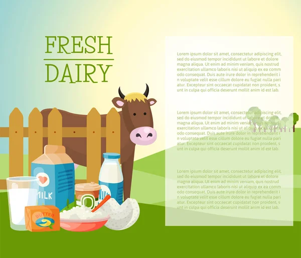 Fresh dairy products banner, poster vector illustration. Organic, quality food. Great taste and nutritional value. Milk, cheese, yogurt, cottage cheese, sour cream and cow, butter. — Stock Vector